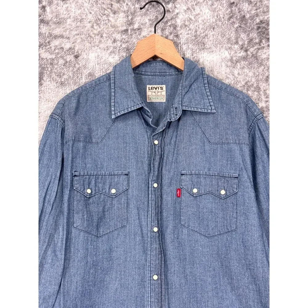 Vintage Levis Pearl Snap Western Shirt Large Mens Blue Chambray Denim